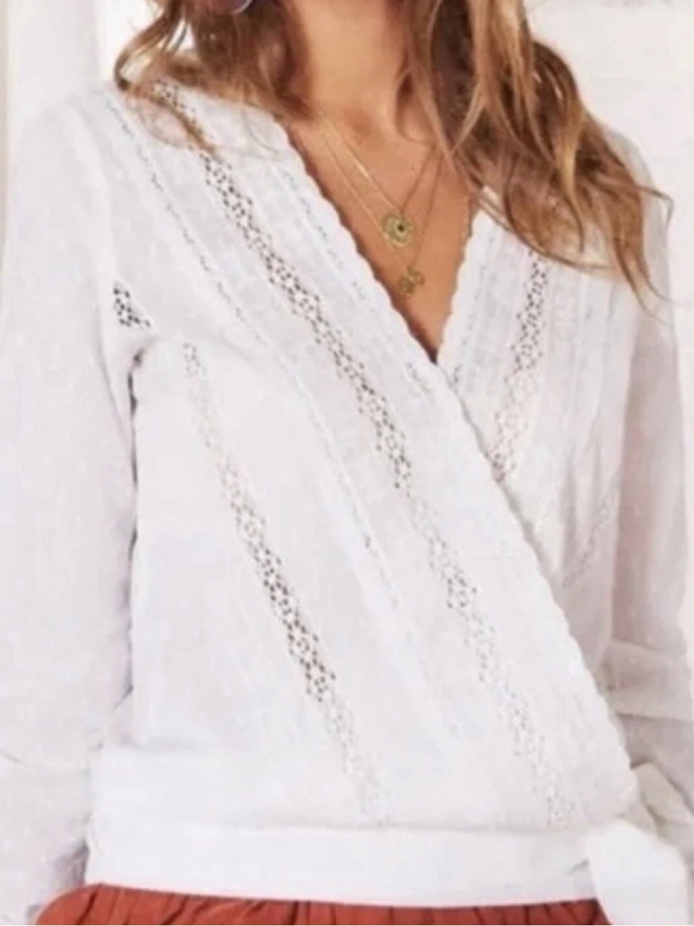 Sezane White Lace-Trim Wrap Blouse